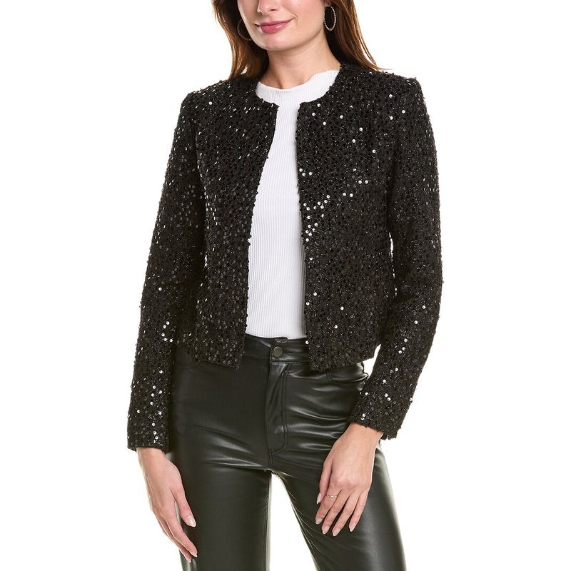 Gracia Womens Sequined Round Neck Jacket, Black